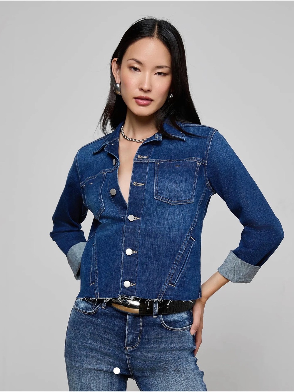 L'AGENCE Indigo Denim Jacket with Raw Hem
